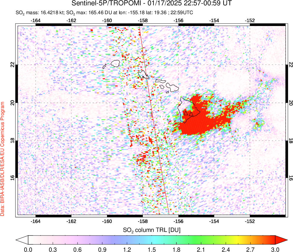 A sulfur dioxide image over Hawaii, USA on Jan 17, 2025.