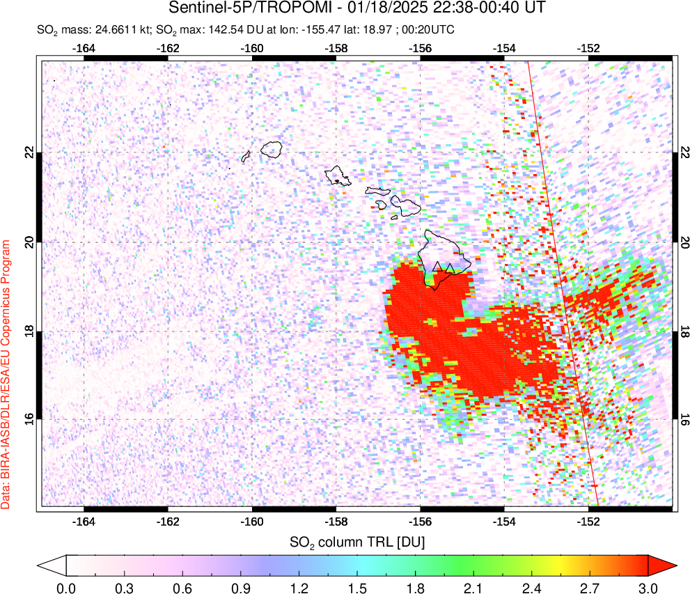 A sulfur dioxide image over Hawaii, USA on Jan 18, 2025.