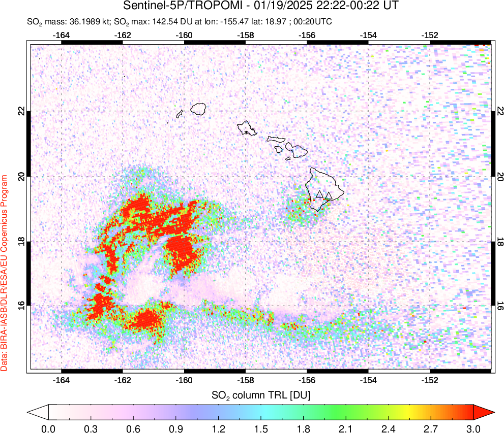 A sulfur dioxide image over Hawaii, USA on Jan 19, 2025.