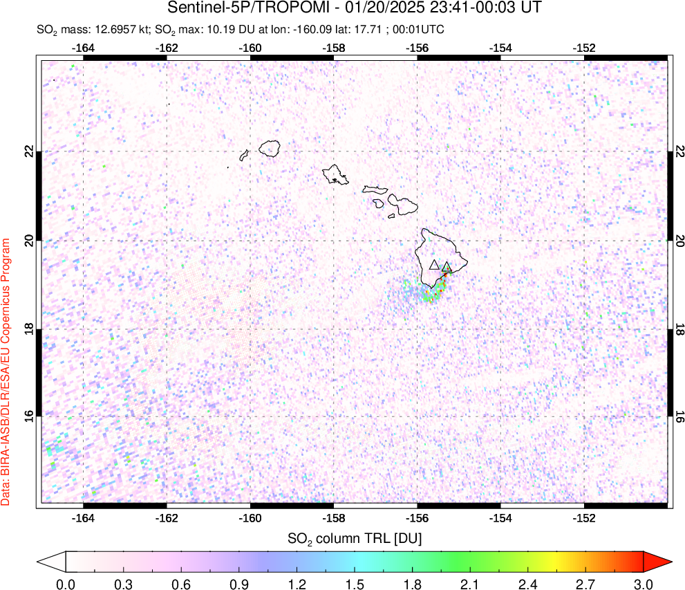 A sulfur dioxide image over Hawaii, USA on Jan 20, 2025.