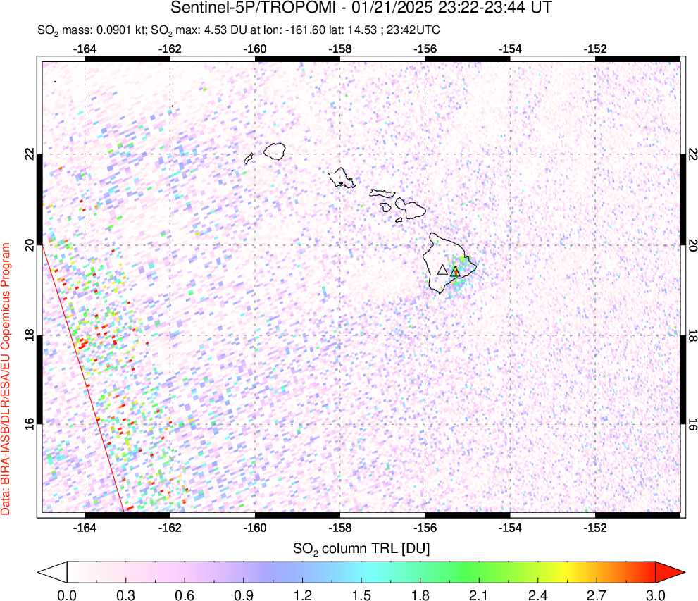 A sulfur dioxide image over Hawaii, USA on Jan 21, 2025.