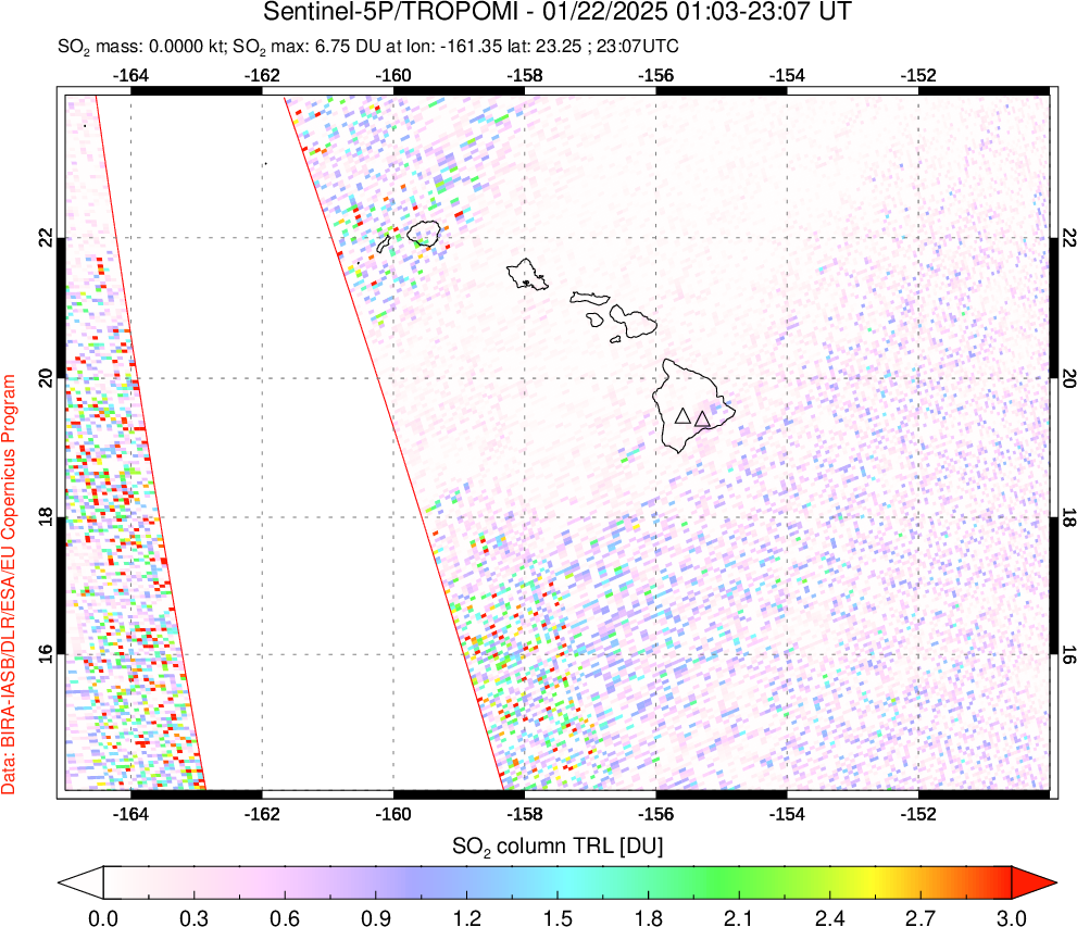 A sulfur dioxide image over Hawaii, USA on Jan 22, 2025.