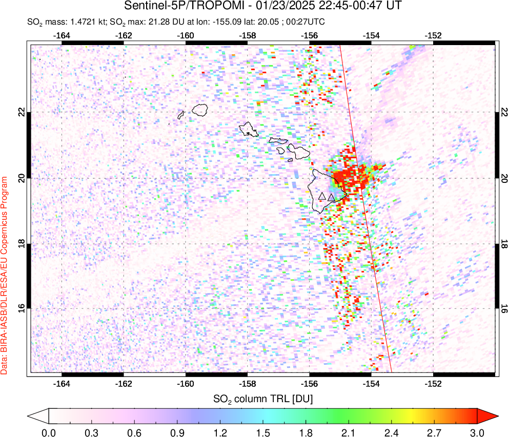 A sulfur dioxide image over Hawaii, USA on Jan 23, 2025.