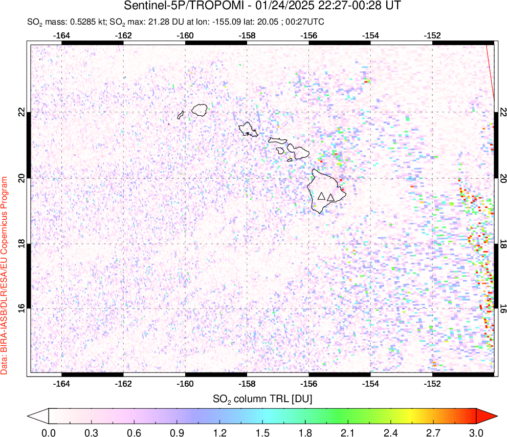 A sulfur dioxide image over Hawaii, USA on Jan 24, 2025.