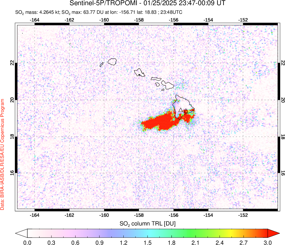 A sulfur dioxide image over Hawaii, USA on Jan 25, 2025.