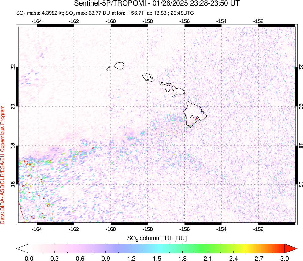 A sulfur dioxide image over Hawaii, USA on Jan 26, 2025.