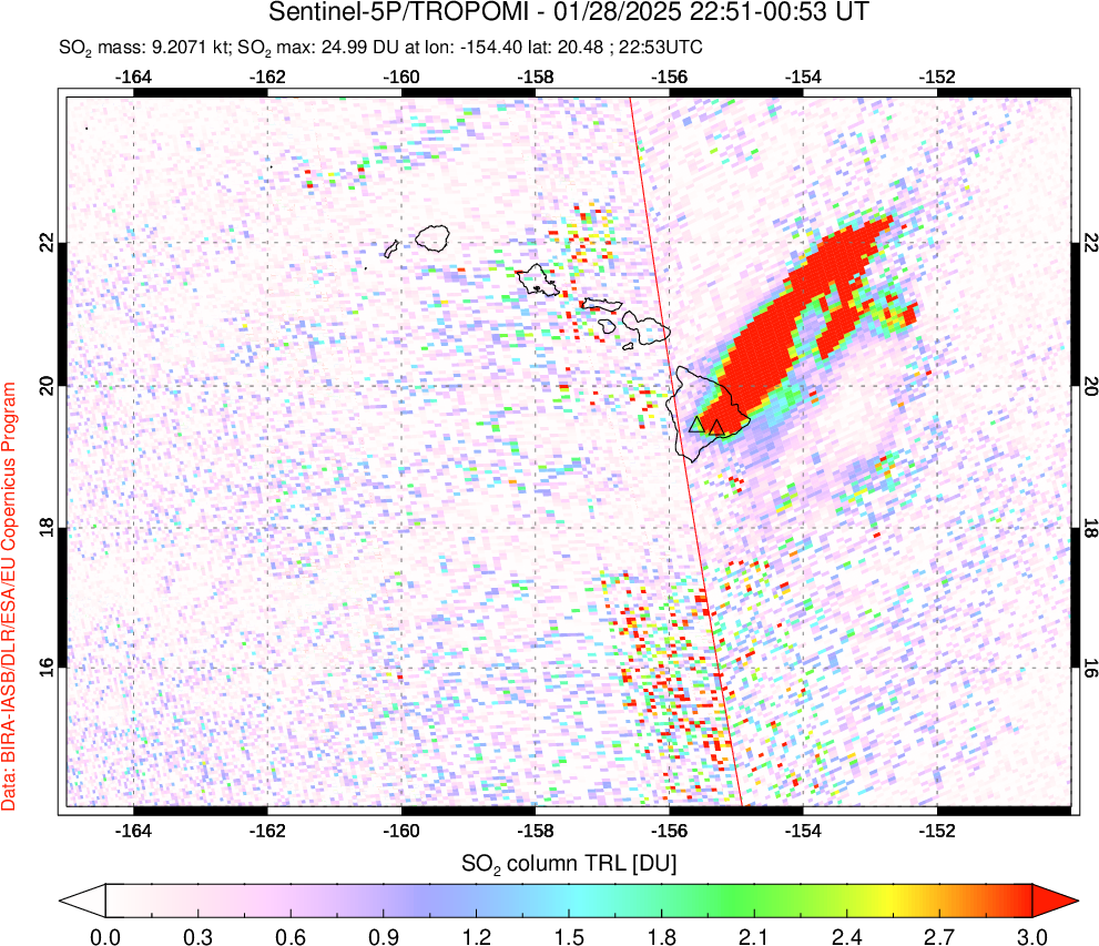 A sulfur dioxide image over Hawaii, USA on Jan 28, 2025.