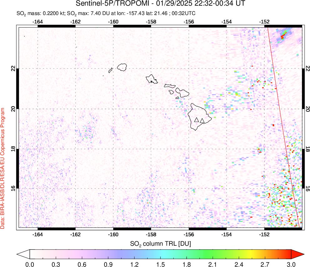 A sulfur dioxide image over Hawaii, USA on Jan 29, 2025.