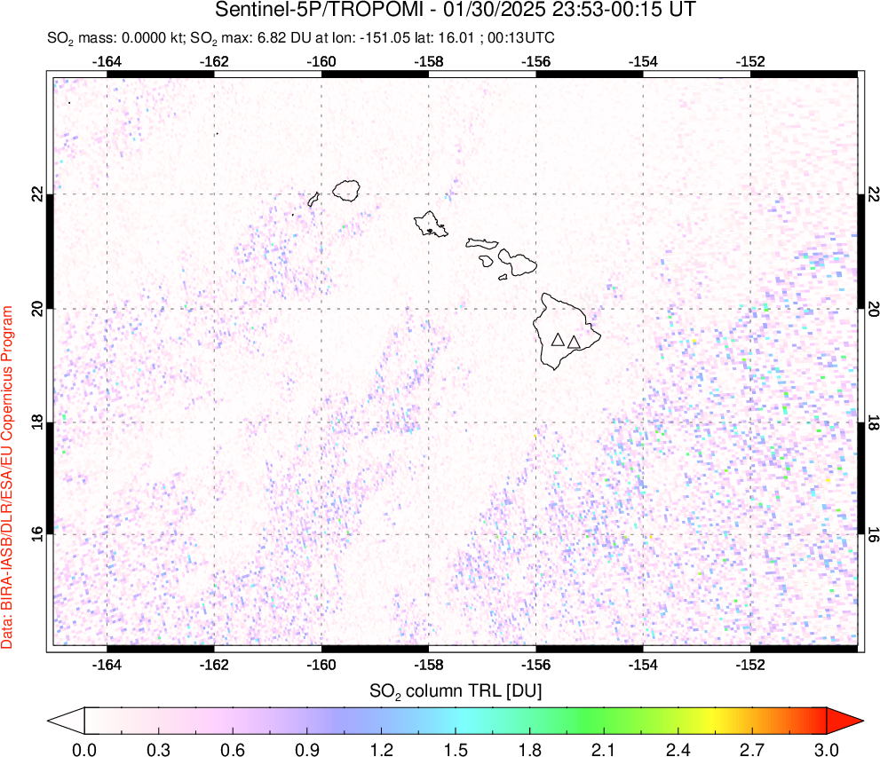 A sulfur dioxide image over Hawaii, USA on Jan 30, 2025.