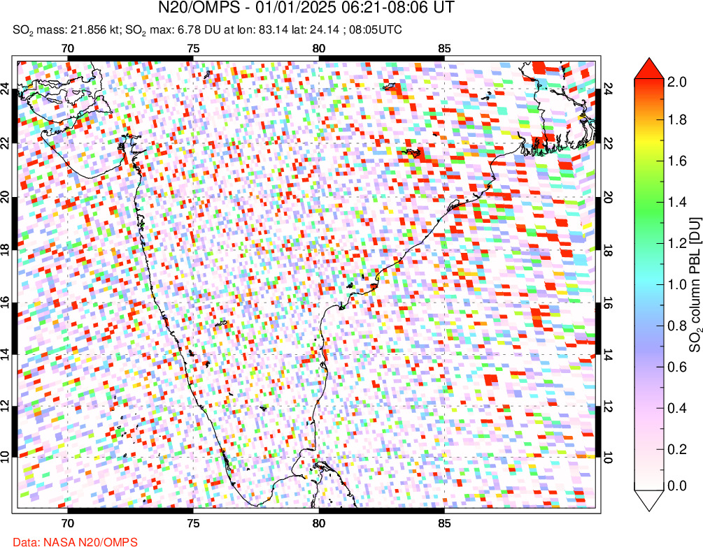 A sulfur dioxide image over India on Jan 01, 2025.