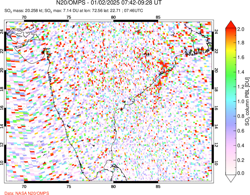 A sulfur dioxide image over India on Jan 02, 2025.