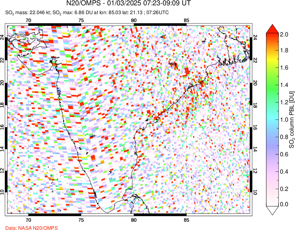 A sulfur dioxide image over India on Jan 03, 2025.