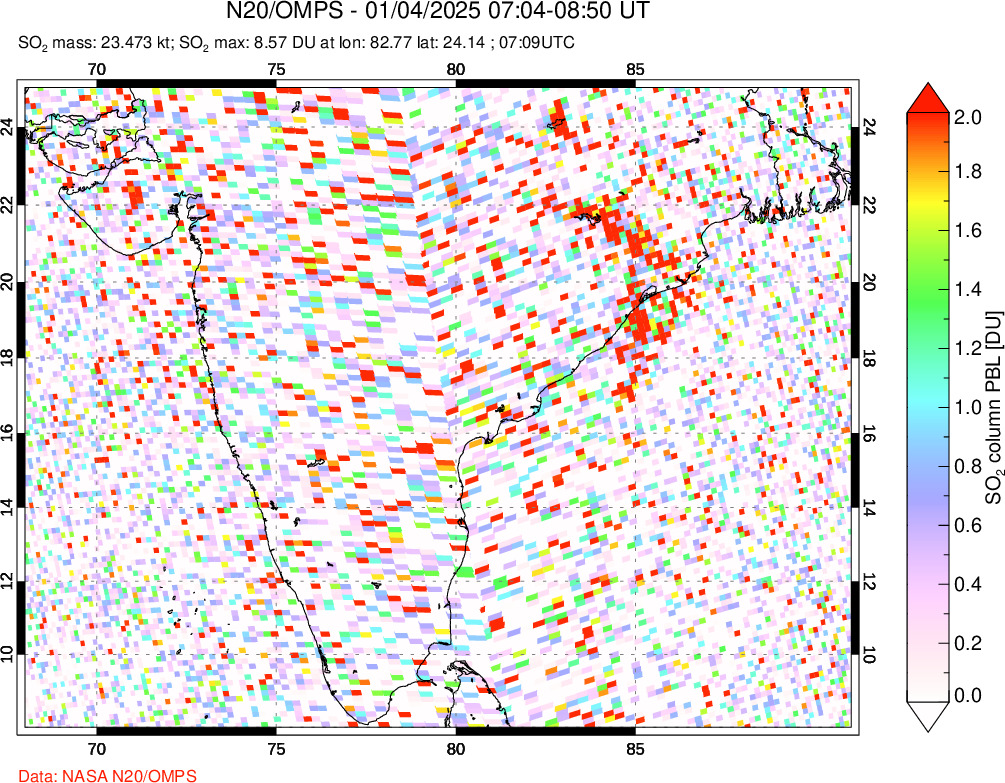 A sulfur dioxide image over India on Jan 04, 2025.