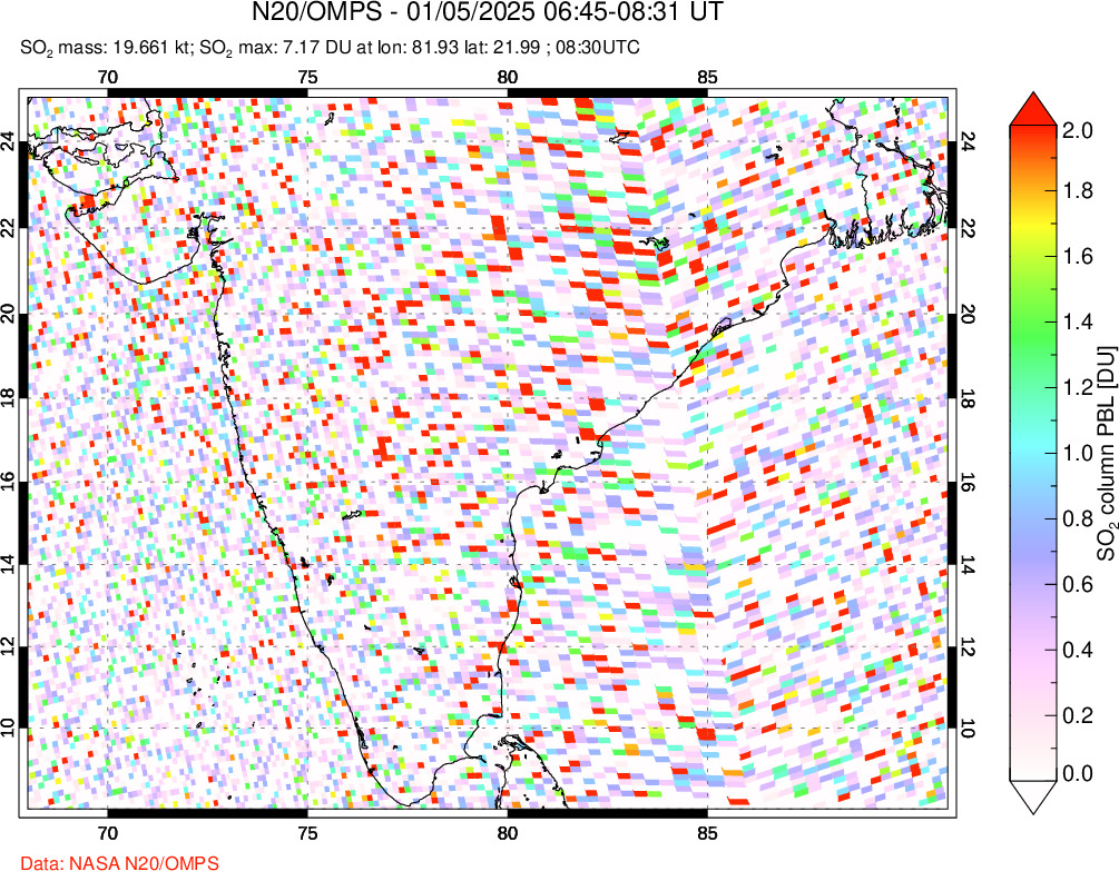 A sulfur dioxide image over India on Jan 05, 2025.