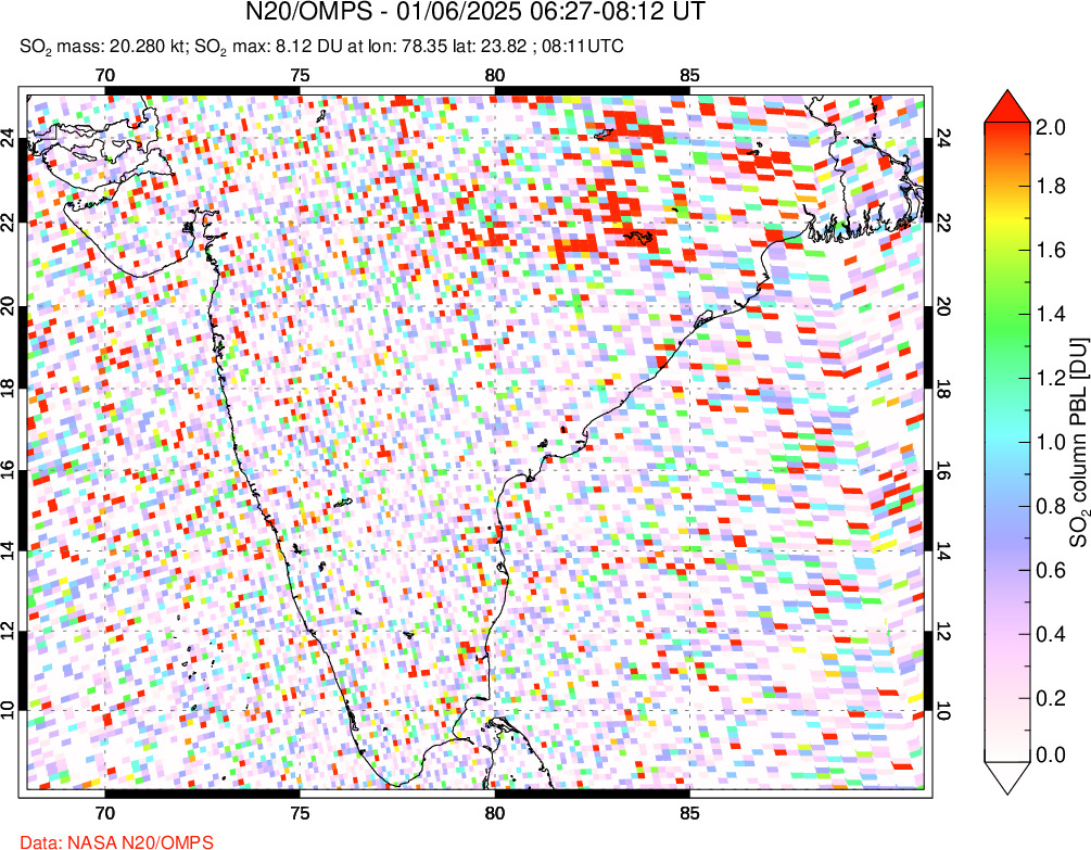 A sulfur dioxide image over India on Jan 06, 2025.