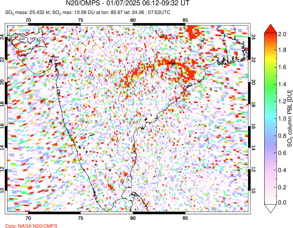 A sulfur dioxide image over India on Jan 07, 2025.