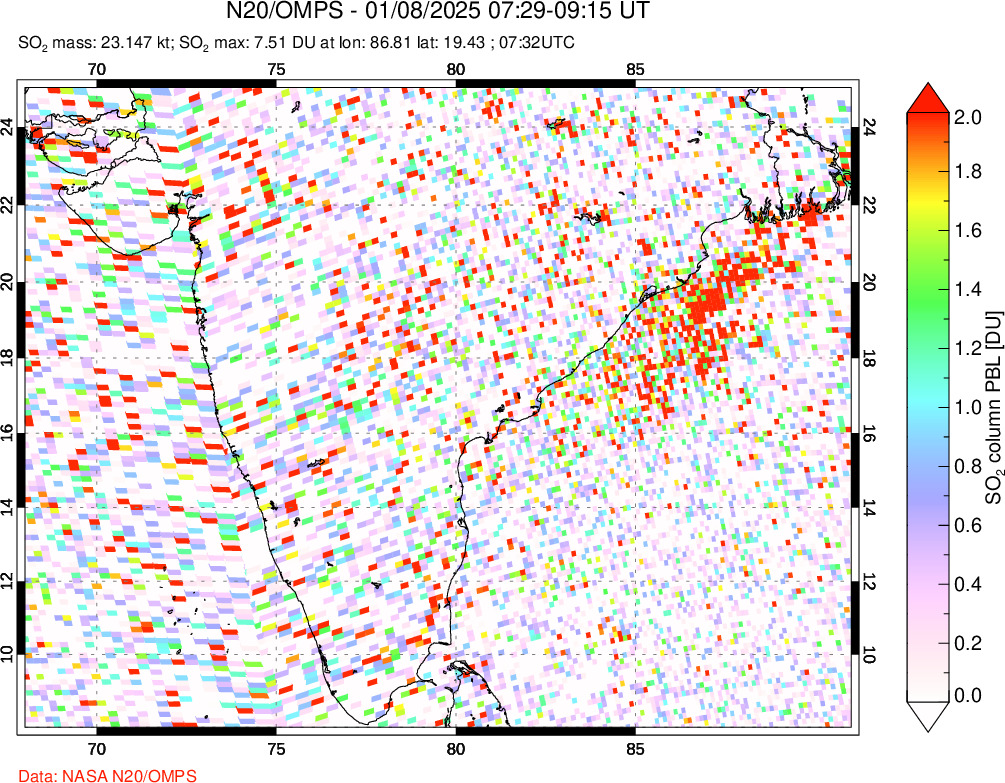 A sulfur dioxide image over India on Jan 08, 2025.