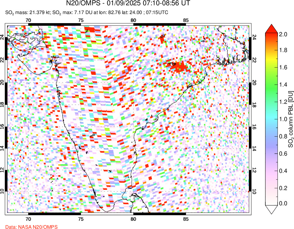 A sulfur dioxide image over India on Jan 09, 2025.