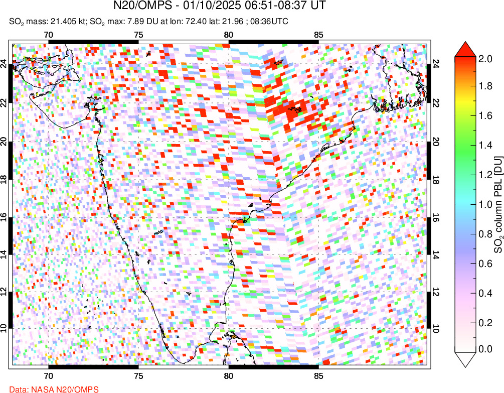 A sulfur dioxide image over India on Jan 10, 2025.