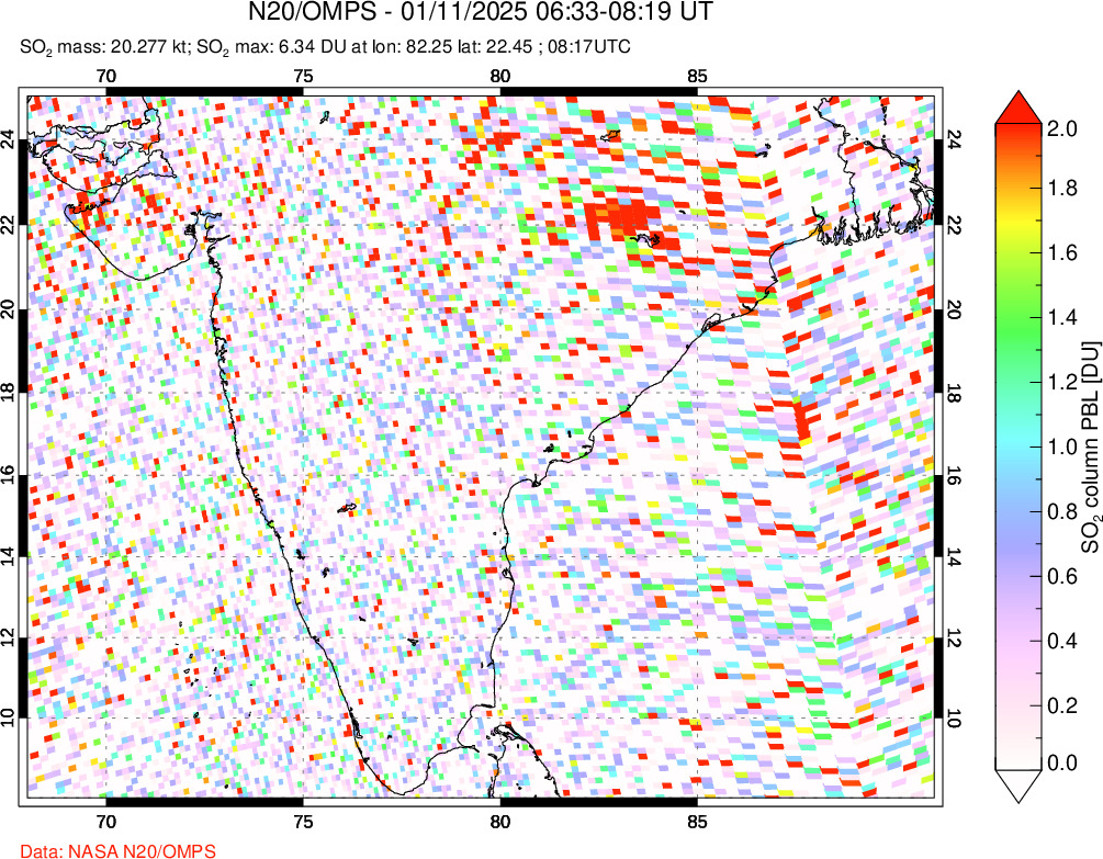 A sulfur dioxide image over India on Jan 11, 2025.