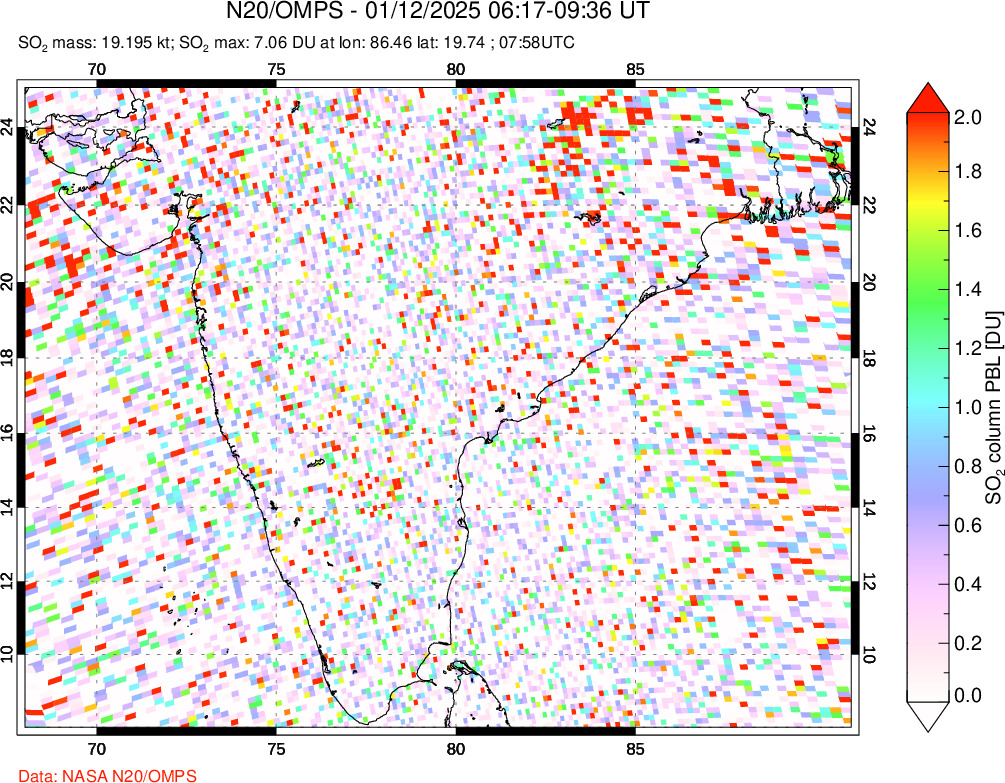 A sulfur dioxide image over India on Jan 12, 2025.