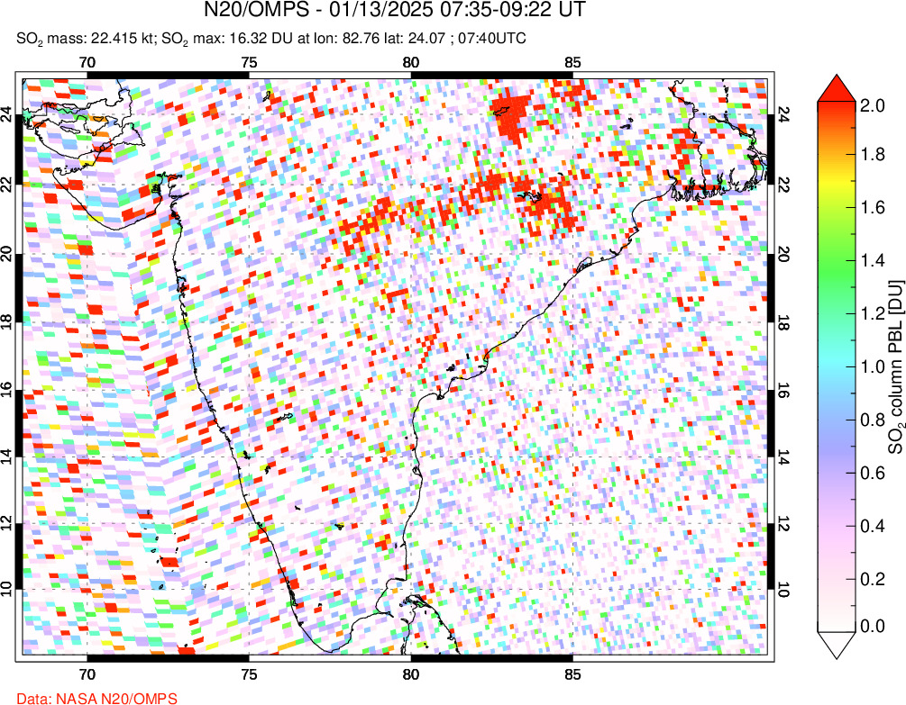 A sulfur dioxide image over India on Jan 13, 2025.