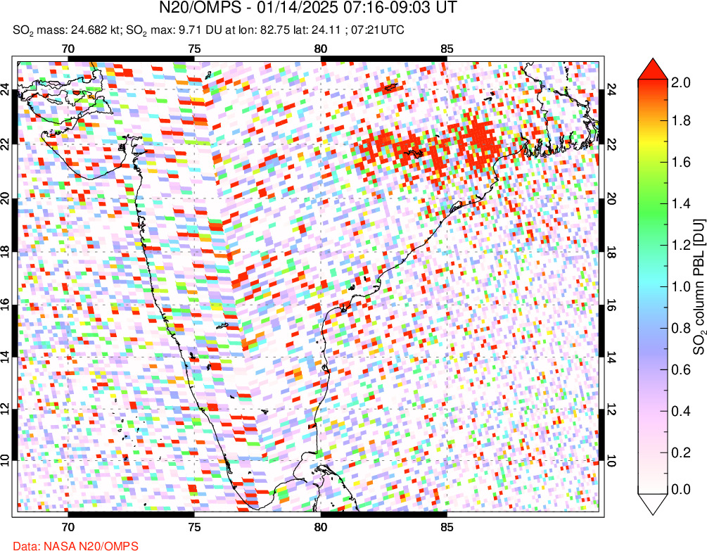 A sulfur dioxide image over India on Jan 14, 2025.