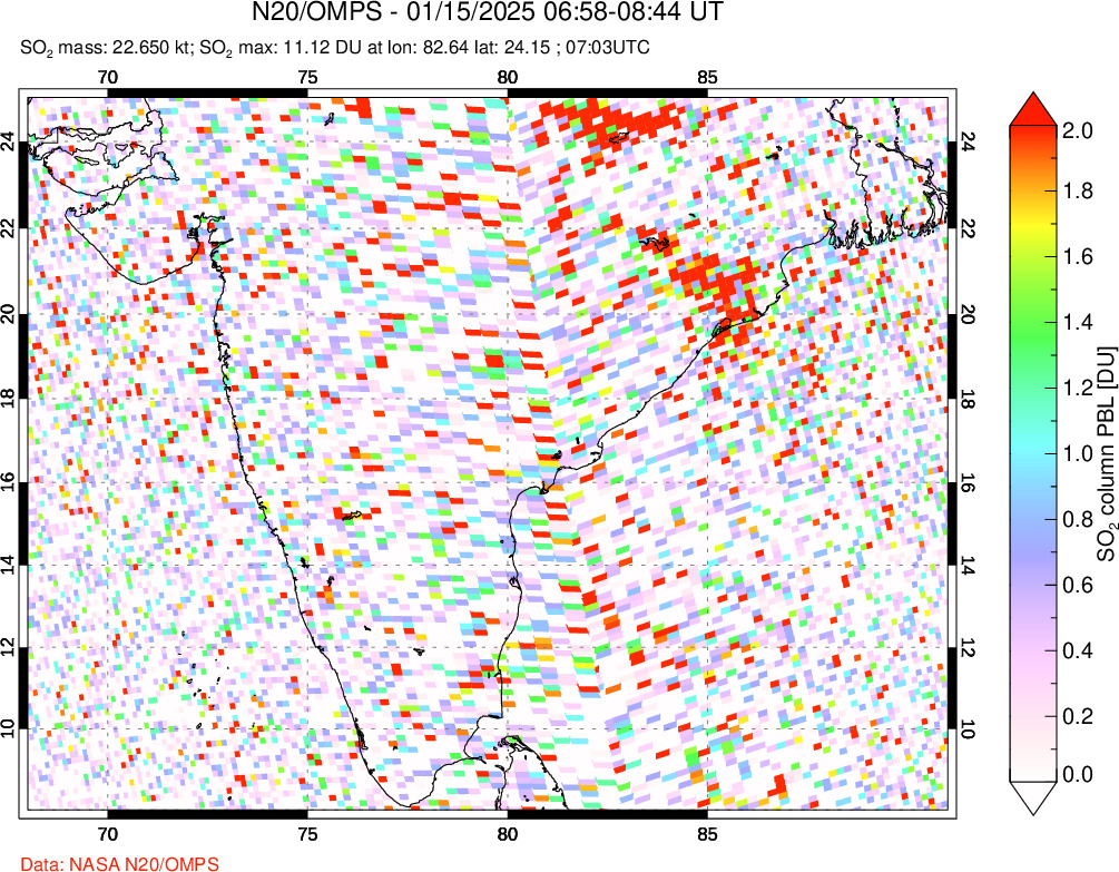 A sulfur dioxide image over India on Jan 15, 2025.