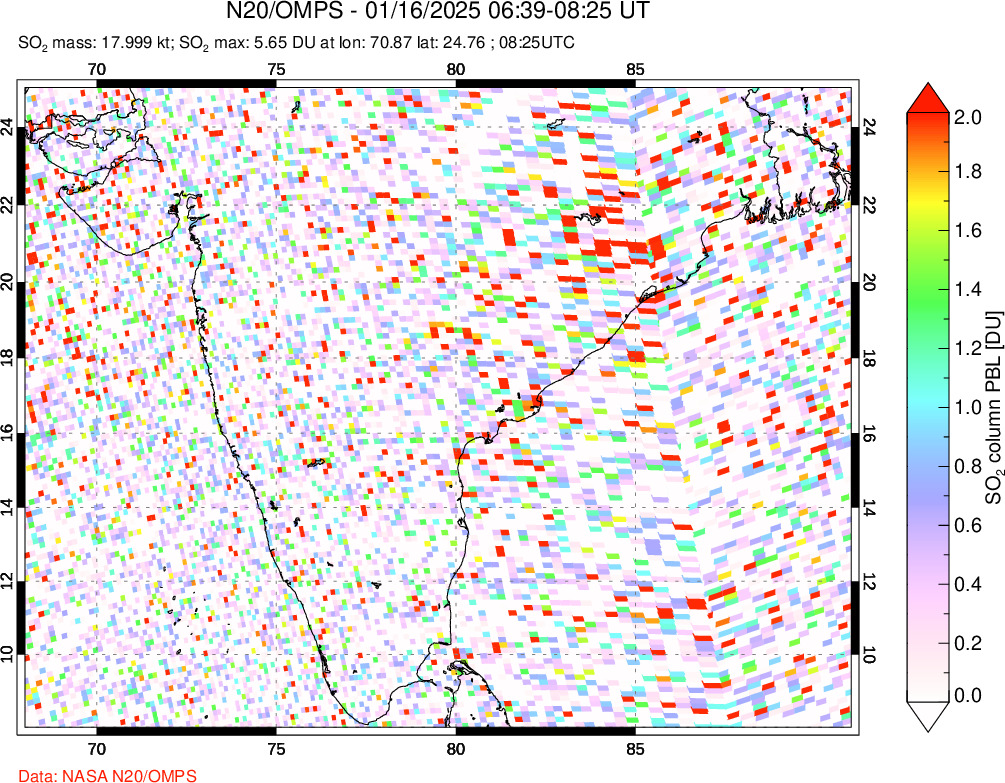 A sulfur dioxide image over India on Jan 16, 2025.