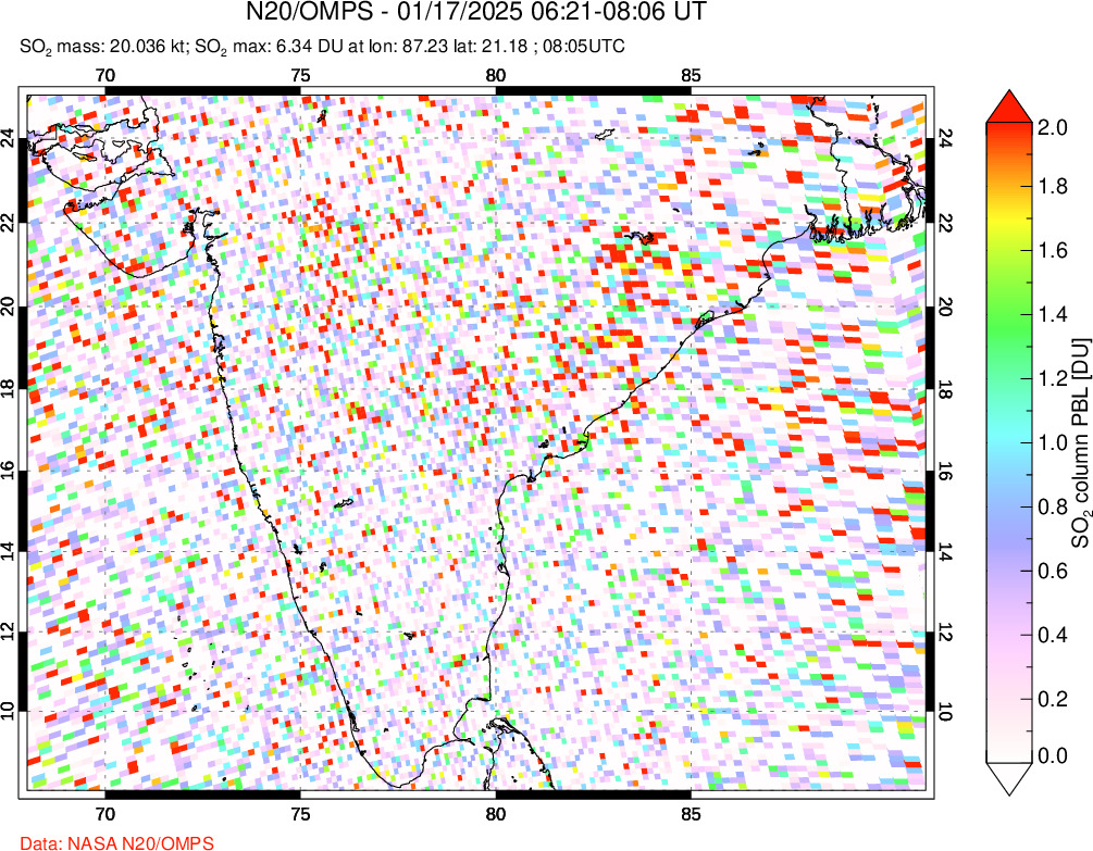 A sulfur dioxide image over India on Jan 17, 2025.