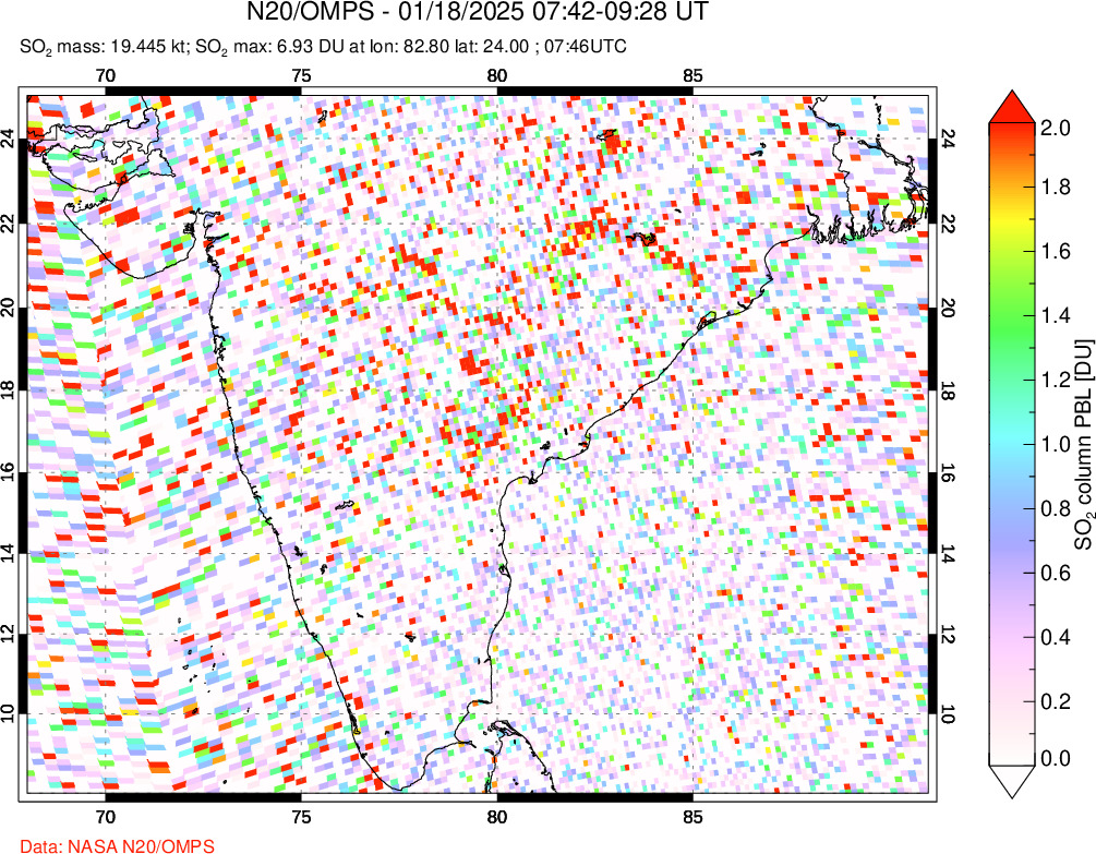 A sulfur dioxide image over India on Jan 18, 2025.