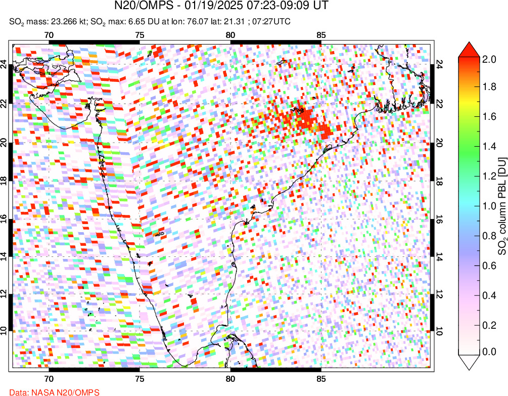 A sulfur dioxide image over India on Jan 19, 2025.