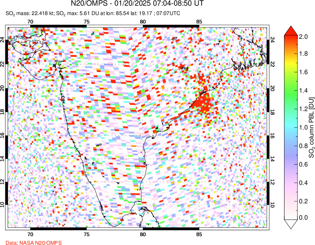 A sulfur dioxide image over India on Jan 20, 2025.