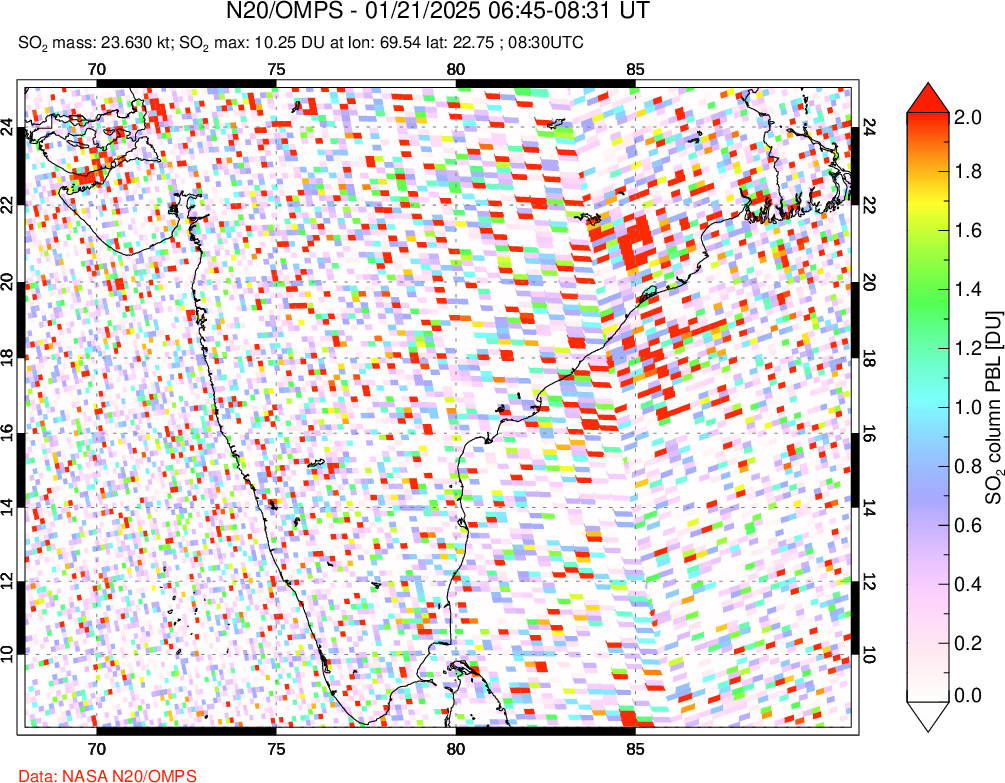 A sulfur dioxide image over India on Jan 21, 2025.