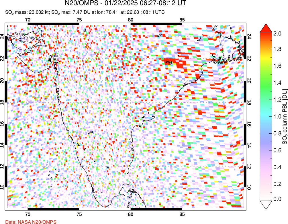 A sulfur dioxide image over India on Jan 22, 2025.