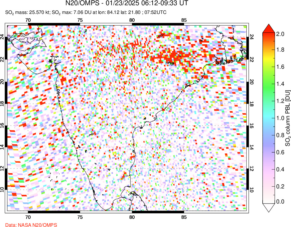 A sulfur dioxide image over India on Jan 23, 2025.