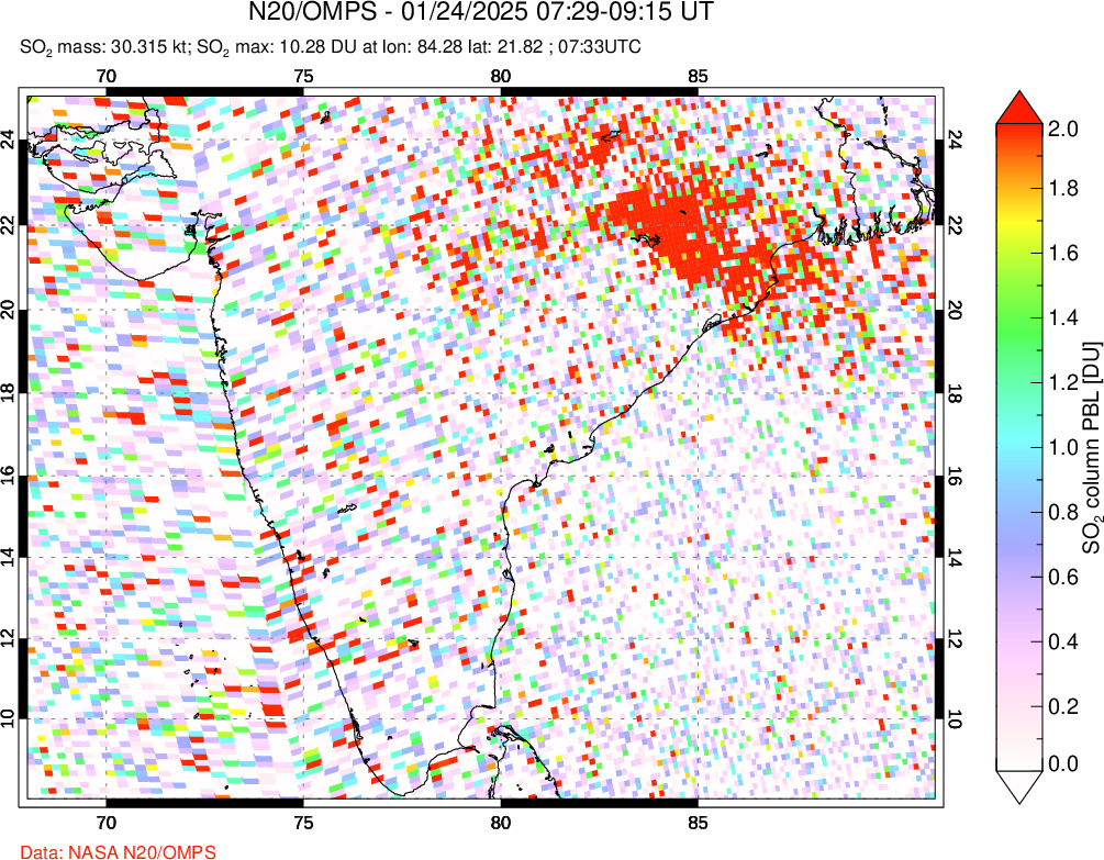 A sulfur dioxide image over India on Jan 24, 2025.