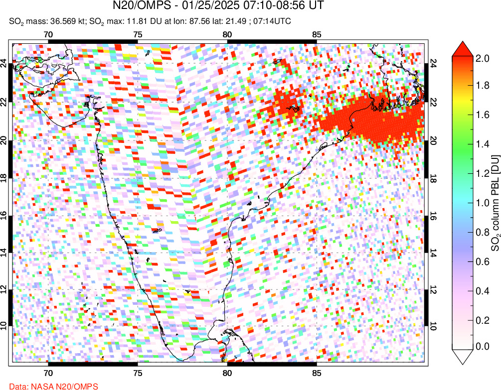 A sulfur dioxide image over India on Jan 25, 2025.