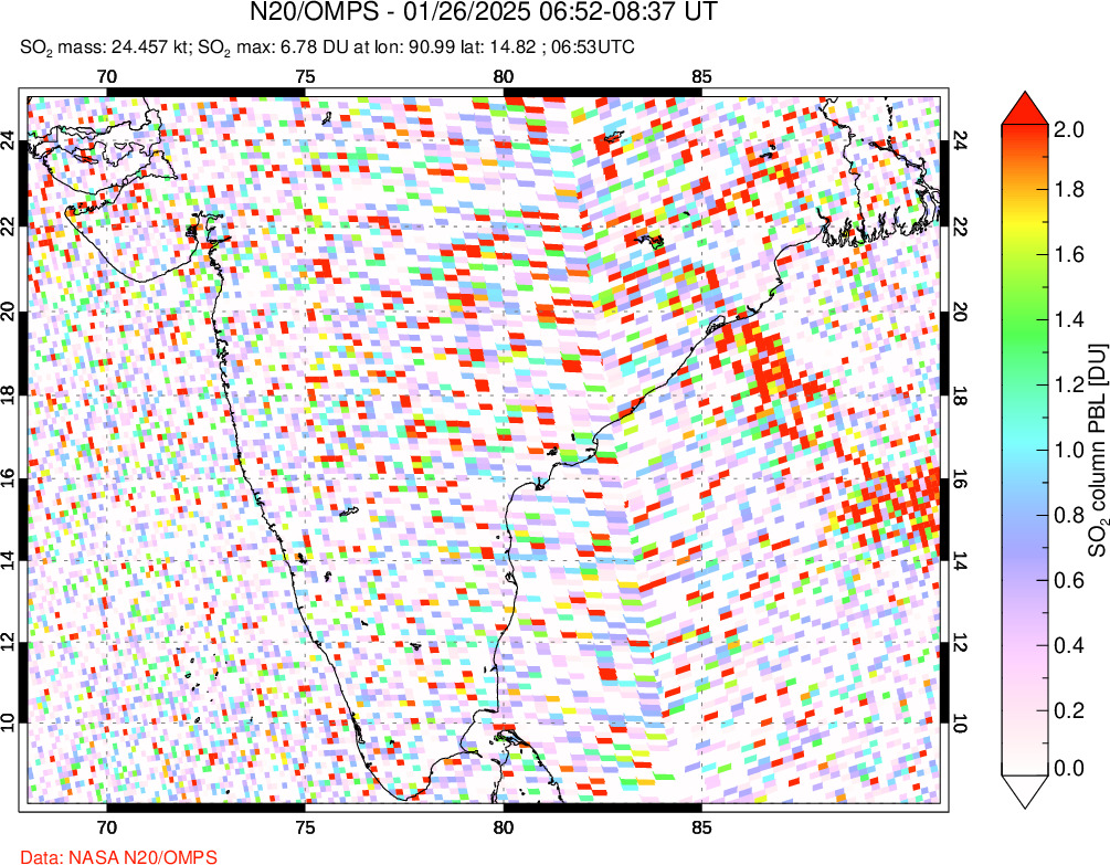 A sulfur dioxide image over India on Jan 26, 2025.