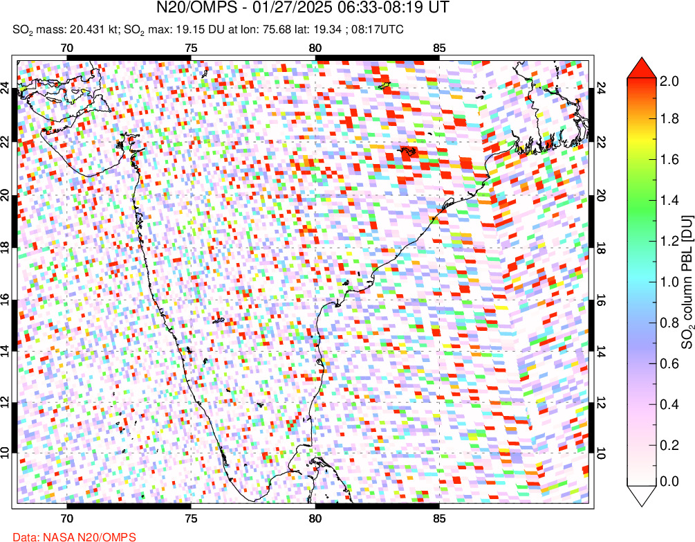 A sulfur dioxide image over India on Jan 27, 2025.