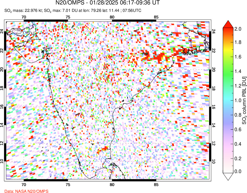 A sulfur dioxide image over India on Jan 28, 2025.