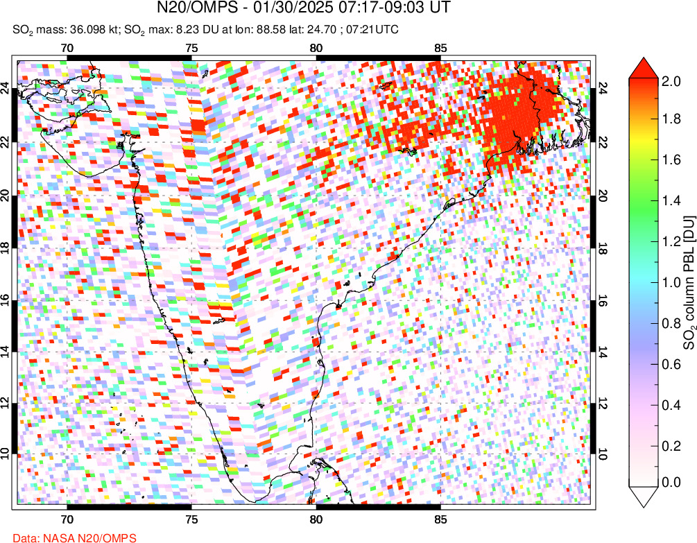 A sulfur dioxide image over India on Jan 30, 2025.