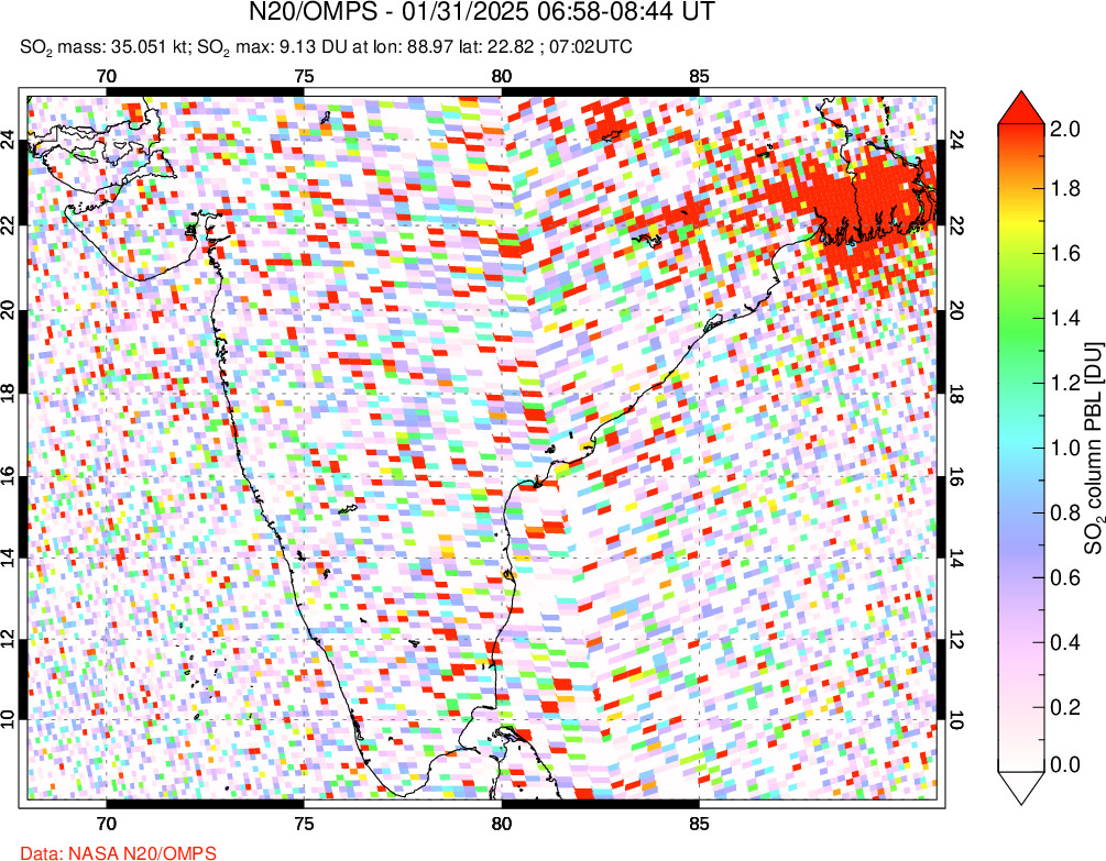 A sulfur dioxide image over India on Jan 31, 2025.