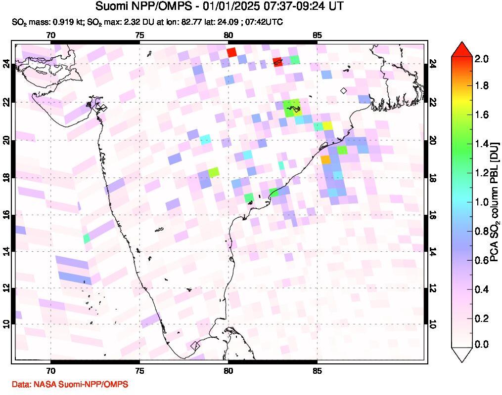 A sulfur dioxide image over India on Jan 01, 2025.