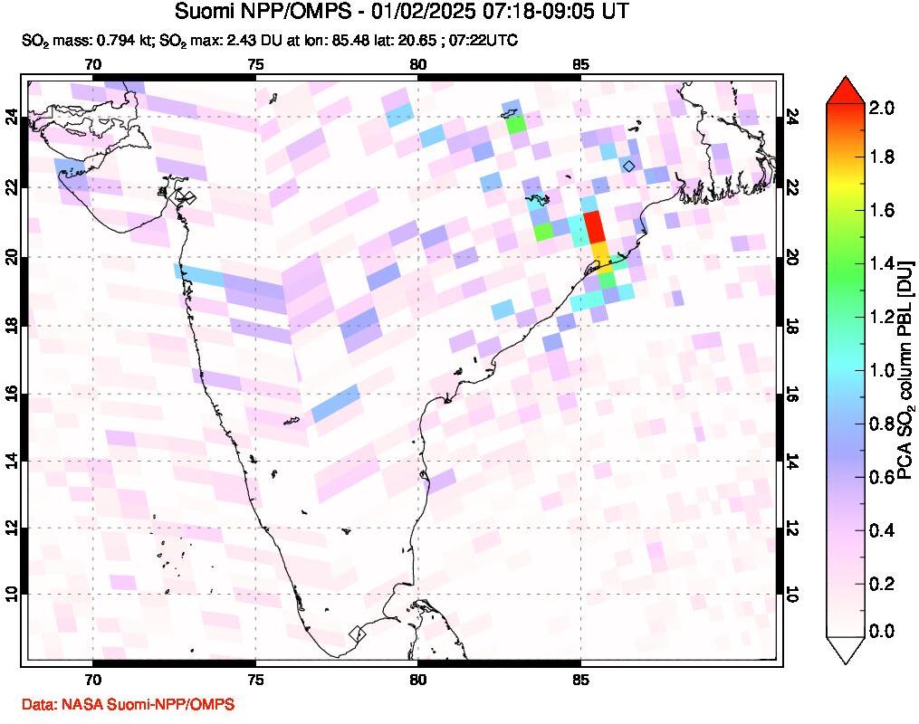 A sulfur dioxide image over India on Jan 02, 2025.