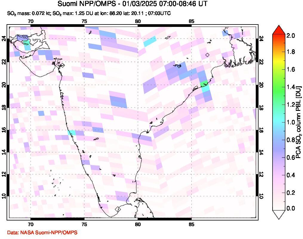 A sulfur dioxide image over India on Jan 03, 2025.