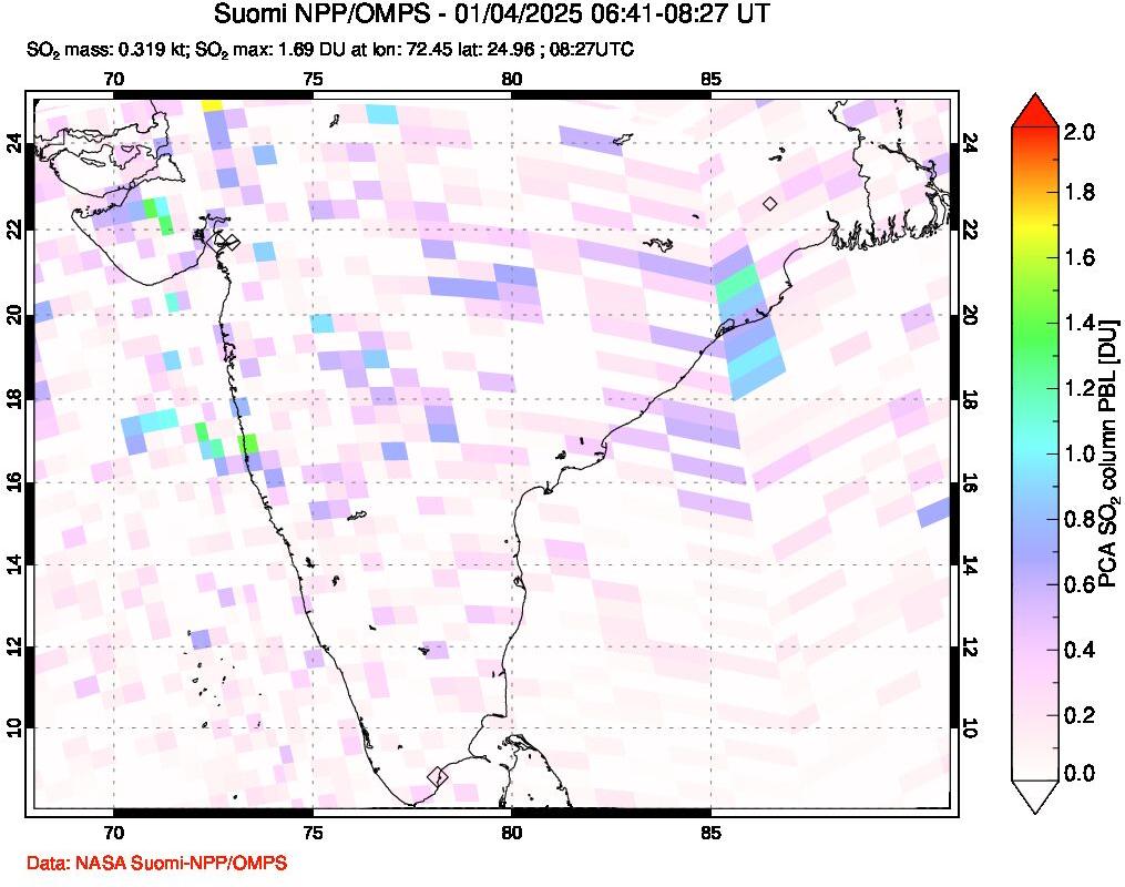 A sulfur dioxide image over India on Jan 04, 2025.