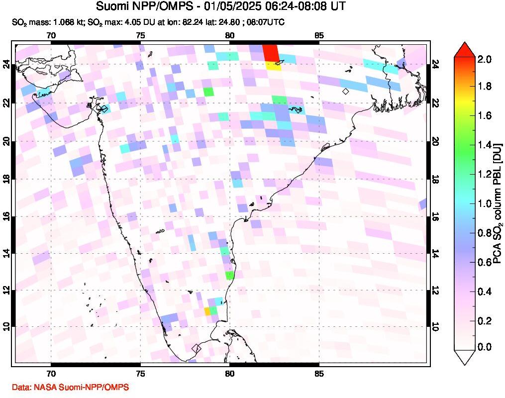 A sulfur dioxide image over India on Jan 05, 2025.