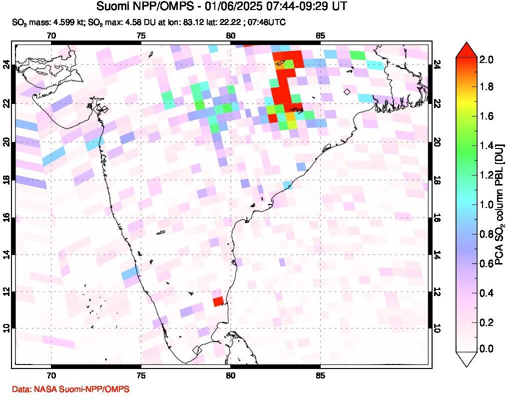 A sulfur dioxide image over India on Jan 06, 2025.