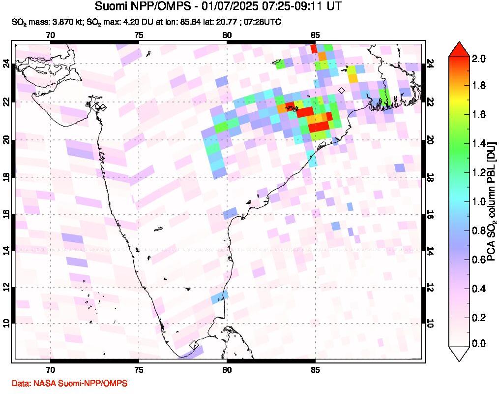 A sulfur dioxide image over India on Jan 07, 2025.